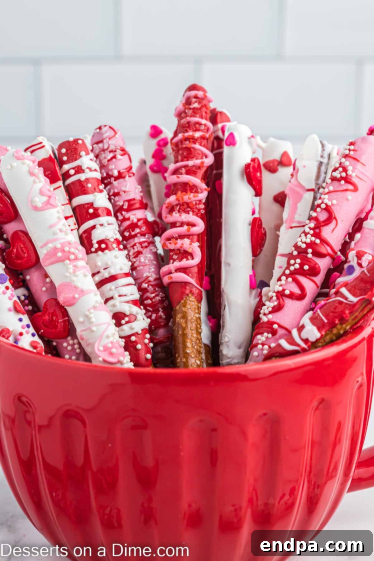 Close-up of Valentine's Day Pretzel Rods in a red bowl, highlighting the vibrant decorations and textures.
