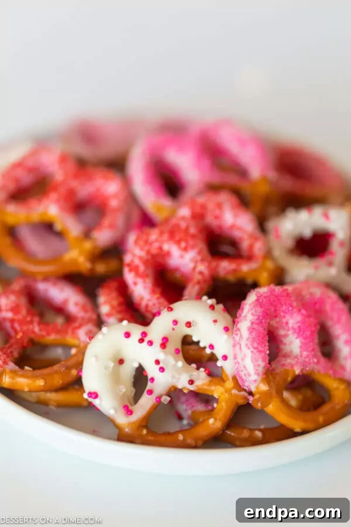 Sweet and Salty Valentine Pretzel Delights 2 Valentines Day Chocolate Covered Pretzels in a bowl.