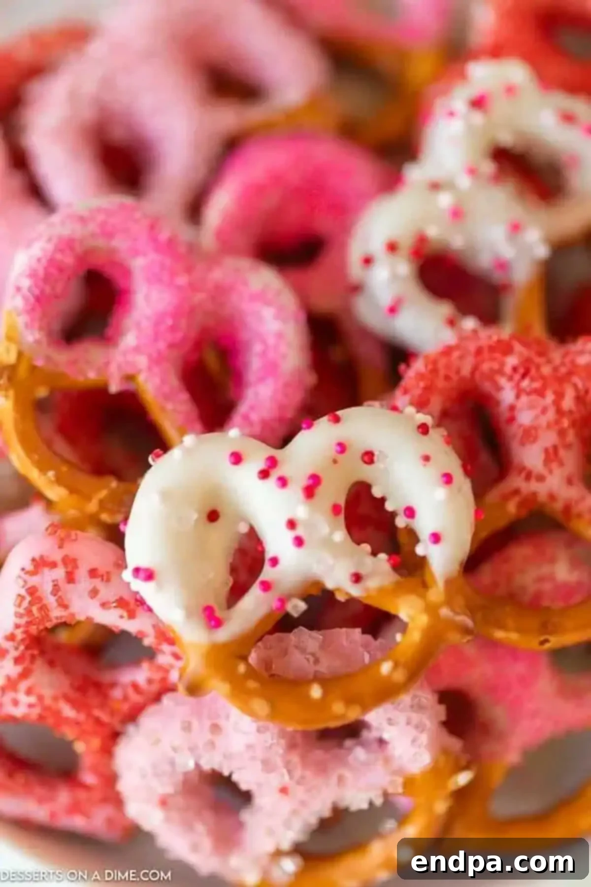 Sweet and Salty Valentine Pretzel Delights 6 Valentines Day Chocolate Covered Pretzels up close.
