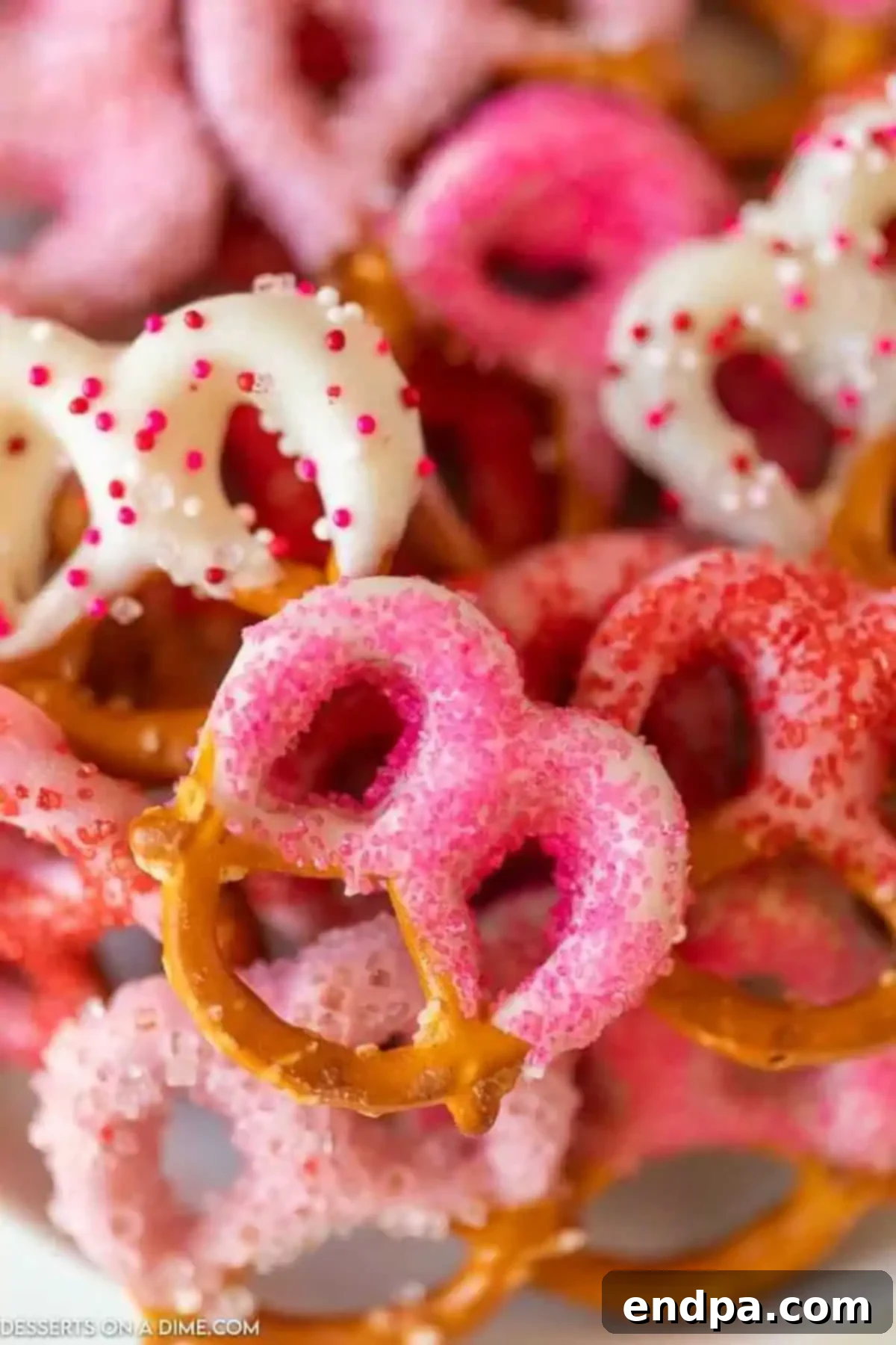 Sweet and Salty Valentine Pretzel Delights 7 Valentines Day Chocolate Covered Pretzels up close.