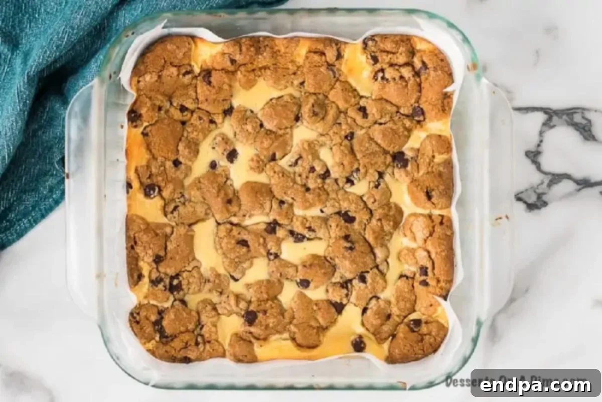 Baked chocolate chip cheesecake bars with golden-brown crumbled topping, just out of the oven.