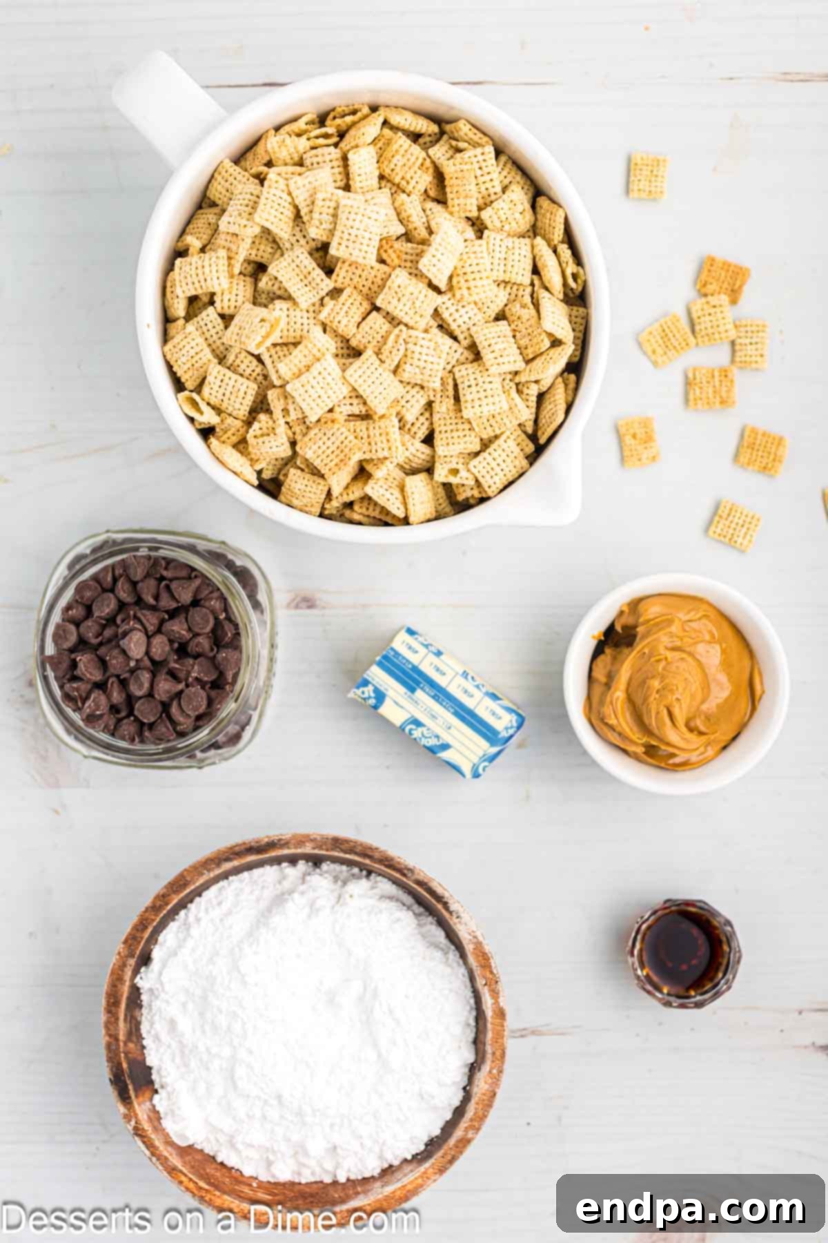 Key ingredients for a classic Puppy Chow recipe: chocolate chips, creamy peanut butter, butter, vanilla extract, and Chex cereal.