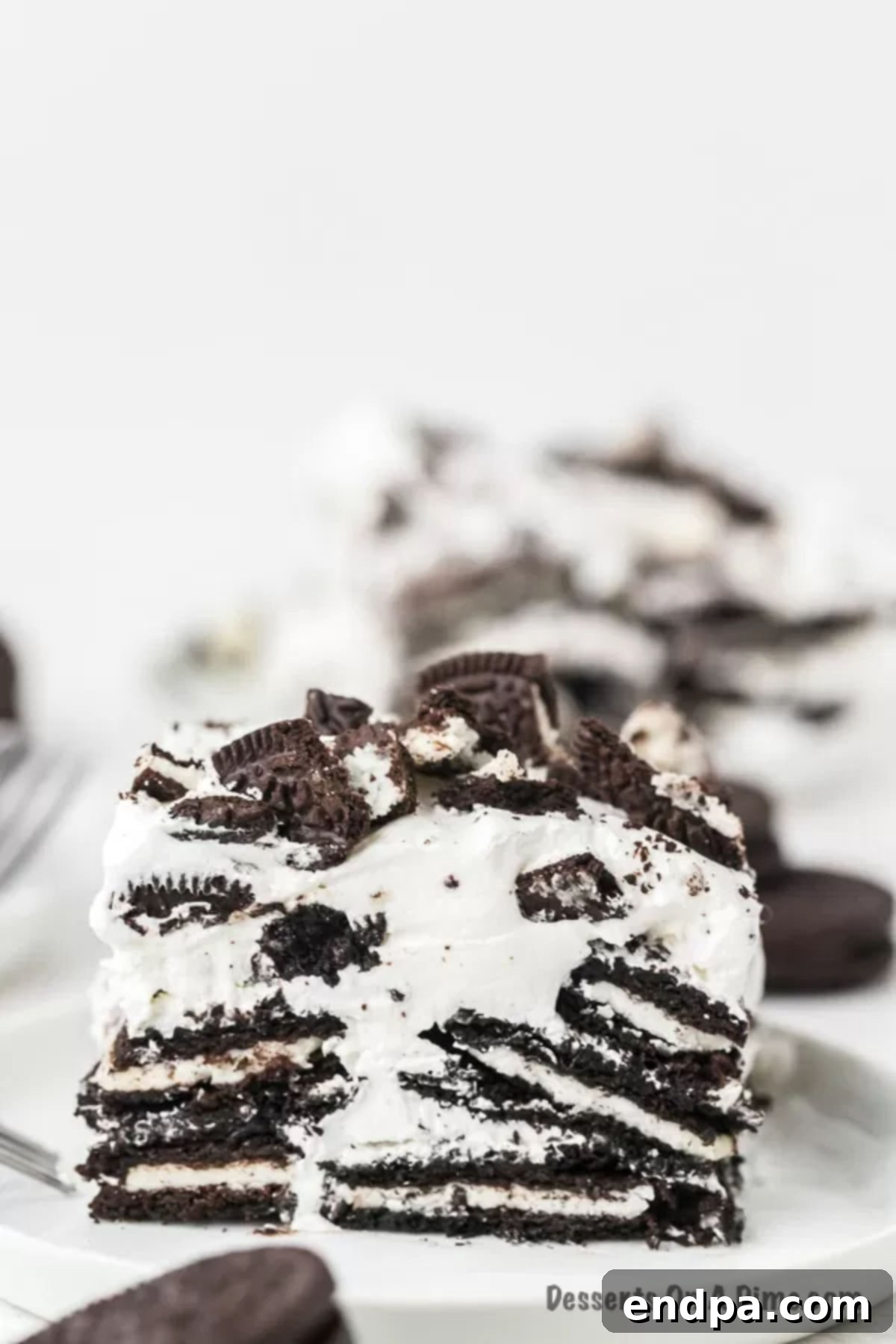 Slice of oreo icebox cake.