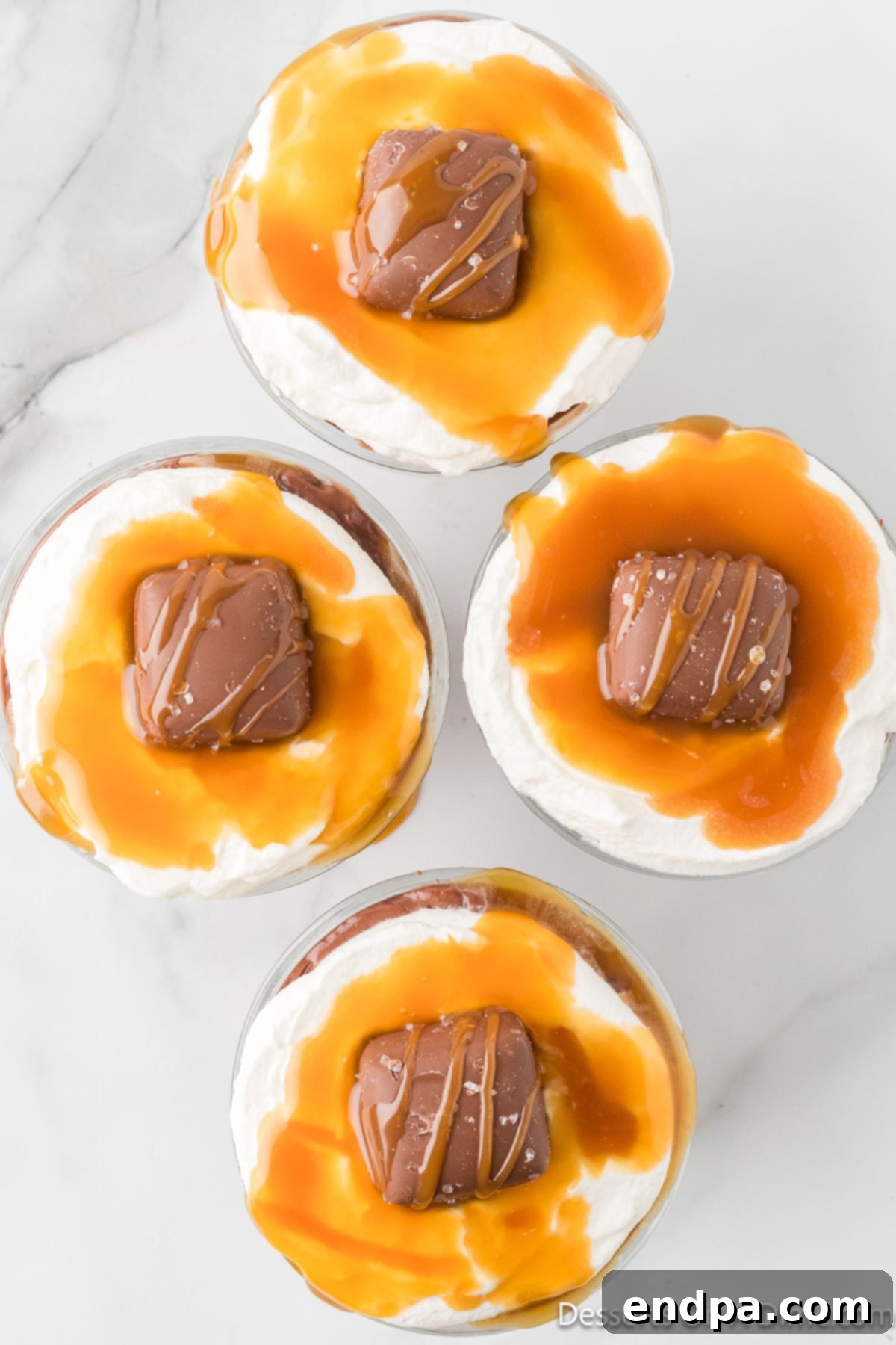 Decadent Layered Chocolate Trifle 12 Candy pieces on top of caramel.