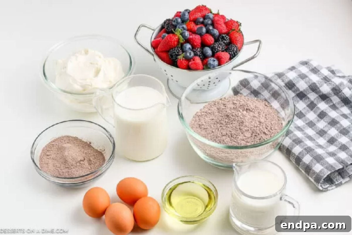 Decadent Layered Chocolate Trifle 3 Ingredients needed - chocolate cake mix, eggs, vegetable oil, buttermilk, chocolate pudding, milk, whipped topping, caramel sauce, candy pieces, fresh fruit