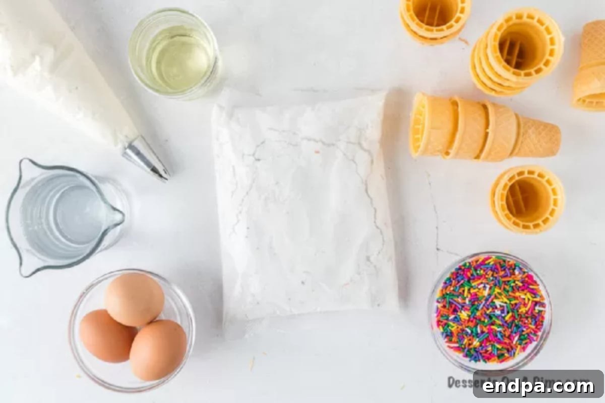 Sweet Cones of Cake 3 Essential ingredients for Ice Cream Cone Cupcakes: eggs, cake mix, sprinkles, oil, water, and flat-bottom cones.
