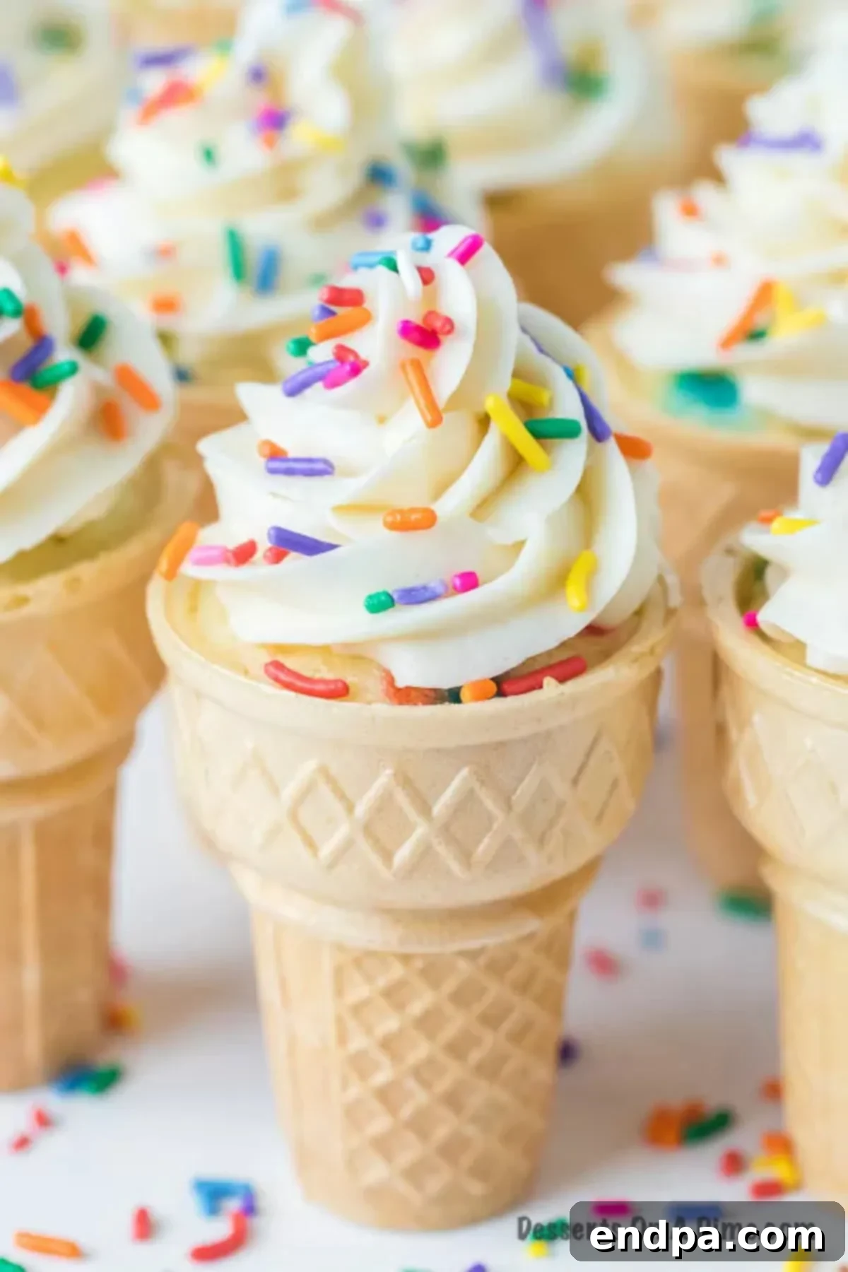 Sweet Cones of Cake 4 A vibrant row of Ice Cream Cone Cupcakes, beautifully frosted and topped with sprinkles, ready to be enjoyed.