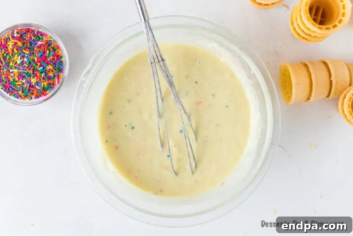 Sweet Cones of Cake 5 Mixing bowl with cake batter for ice cream cone cupcakes.