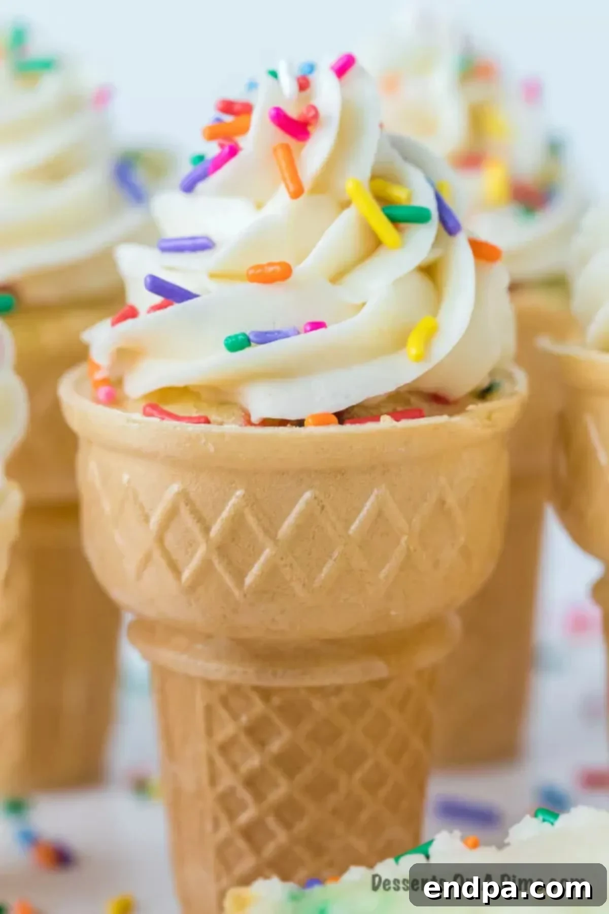 Sweet Cones of Cake 9 A close-up of a single Ice Cream Cone Cupcake, perfectly frosted with vanilla icing and adorned with vibrant multi-colored sprinkles.