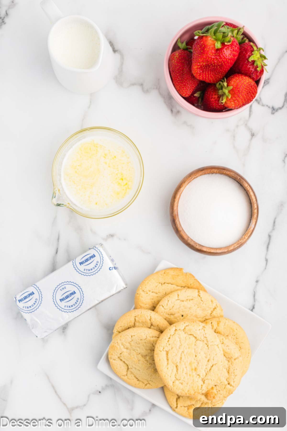 Ingredients for Strawberry Crunch Bars - sugar cookies, sugar, butter, cream cheese, heavy cream, strawberries.
