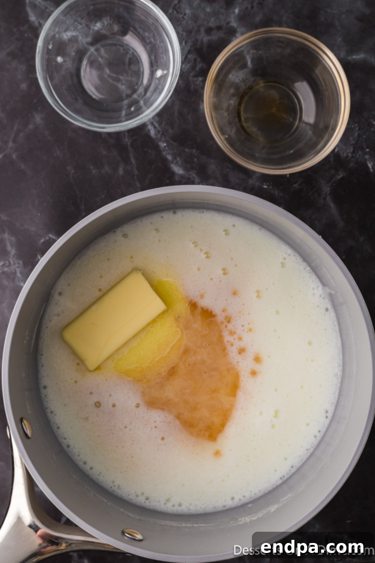 Sweetened Condensed Milk from Scratch 5 Saucepan with butter and vanilla added.