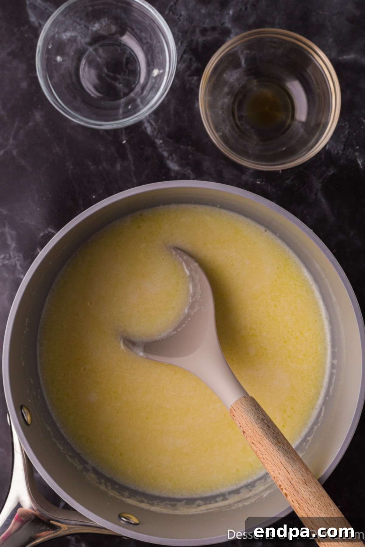 Sweetened Condensed Milk from Scratch 6 Mixture combined in saucepan.