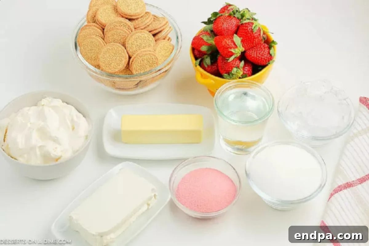 Golden Oreo Cookies, butter, cream cheese, sugar, whipped cream topping, gelatin, water, fresh strawberries, 