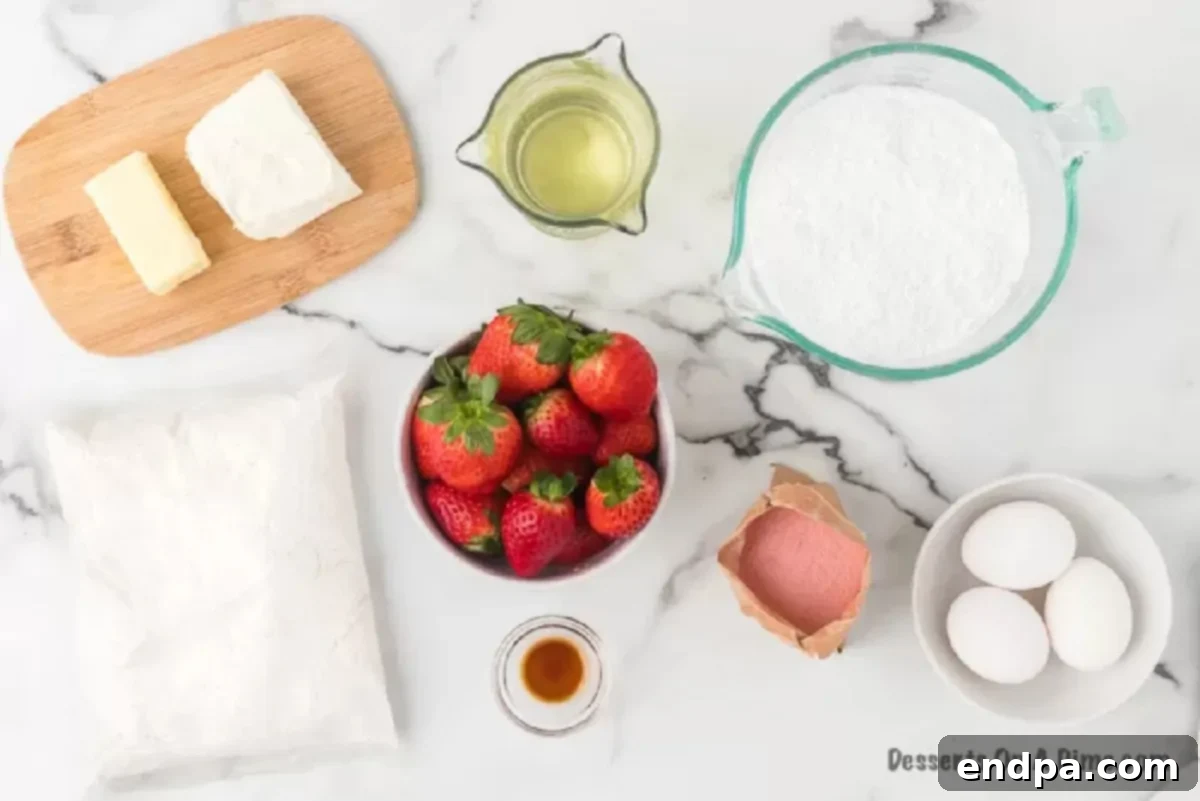 Strawberry sheet cake is so decadent with the best cream cheese frosting. No one will guess it all starts with a cake mix. A flat lay photograph showcasing all the ingredients required for the strawberry sheet cake: a box of white cake mix, fresh strawberries, large eggs, a bottle of vegetable oil, and a package of strawberry instant jello.