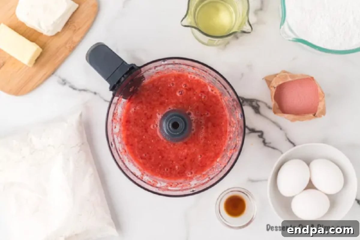 Effortless Strawberry Sheet Cake 2 Fresh strawberries being pureed in a food processor, creating a smooth, vibrant red mixture.