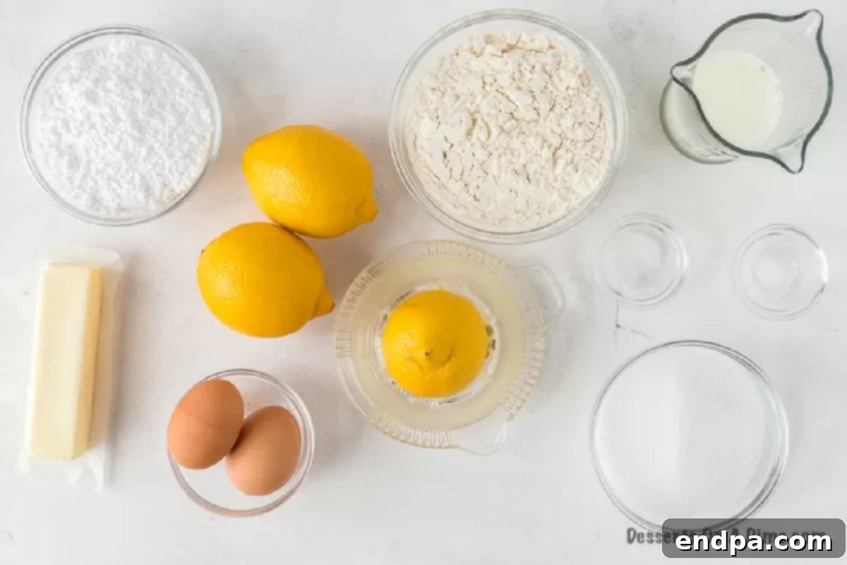 Key ingredients for lemon pound cake: flour, salt, baking soda, butter, sugar, eggs, lemon, milk, powdered sugar.