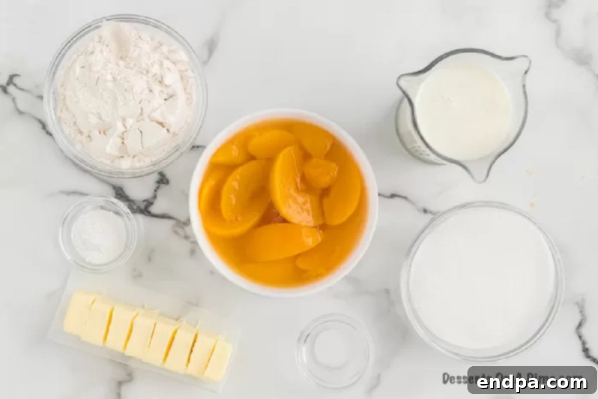 A selection of ingredients for easy peach cobbler laid out on a table, including canned peaches, flour, milk, and butter.