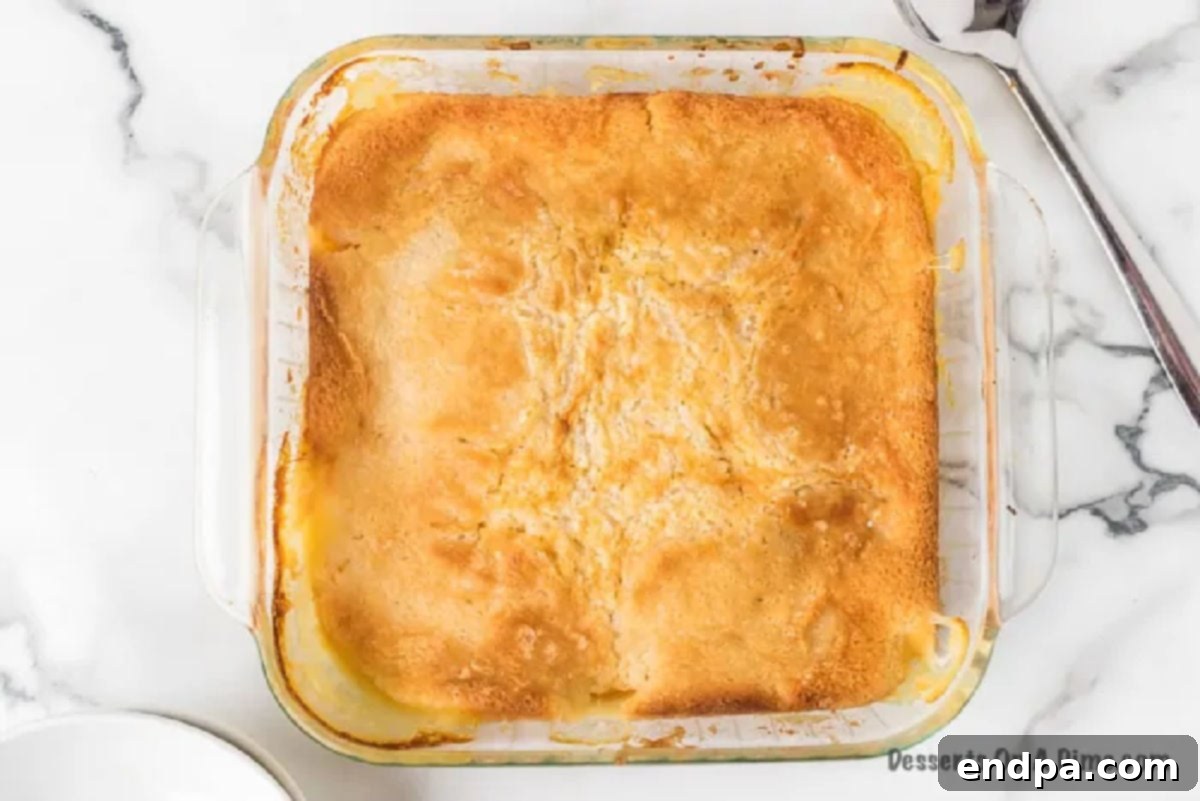 A freshly baked peach cobbler, golden brown and bubbling, cooling in the pan after being removed from the oven.