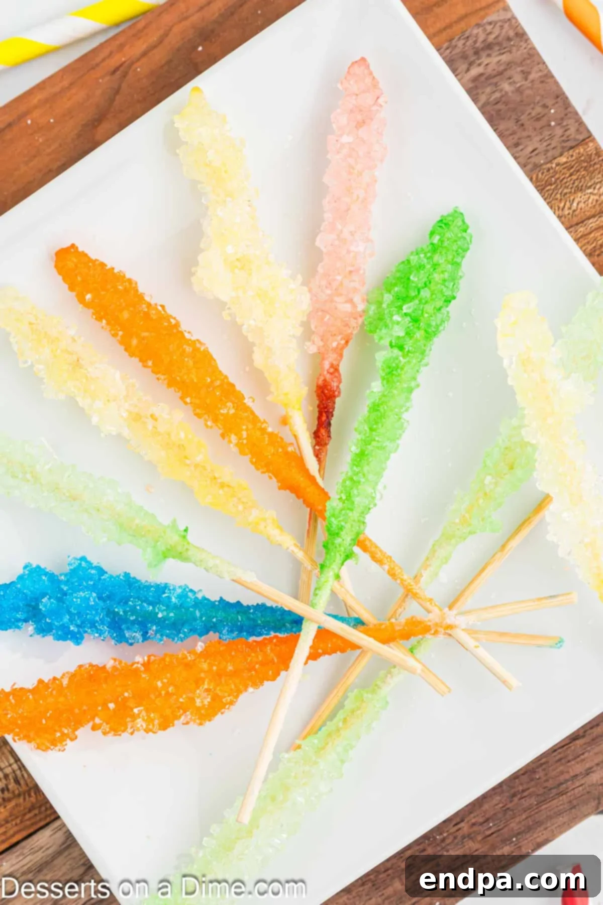 Growing Sweet Rock Candy Crystals 2 A beautiful arrangement of colorful rock candy sticks on a platter, showcasing their intricate crystalline structure.
