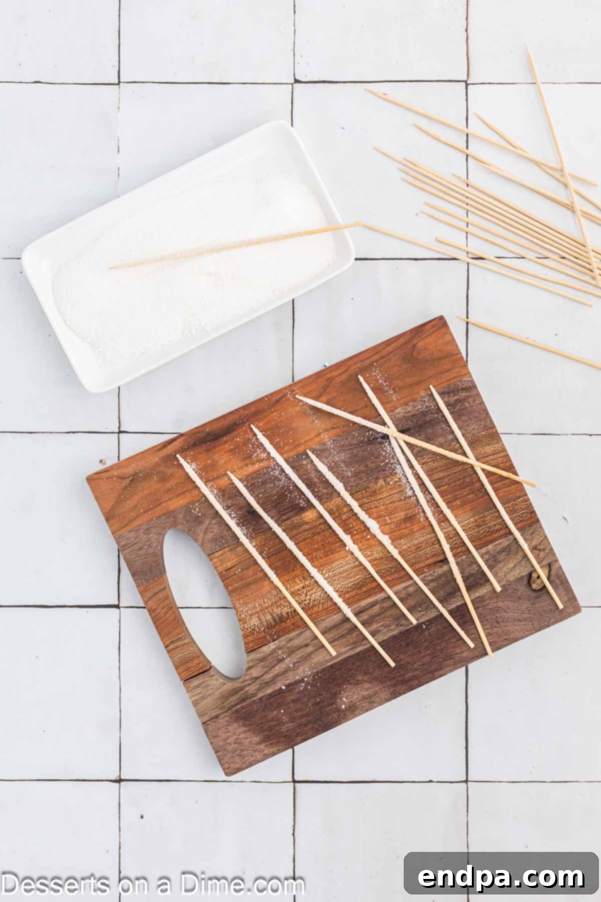 Growing Sweet Rock Candy Crystals 7 Wooden skewers, dampened and rolled in sugar, laid out to dry.