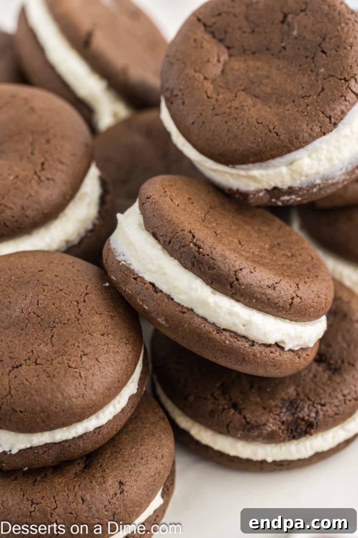 Chocolate Whoopie Cookies stacked together.