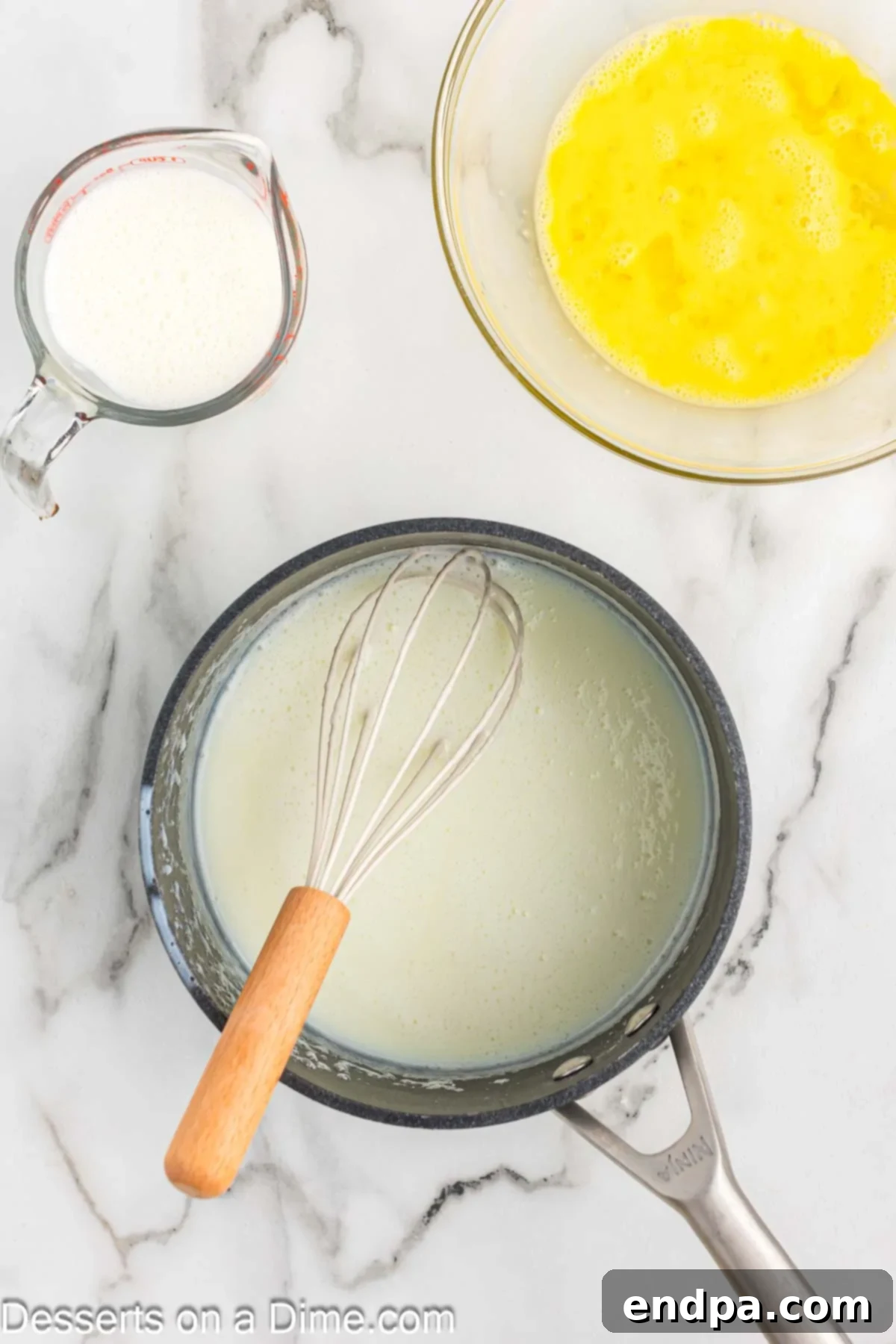 Saucepan ready for egg mixture. 