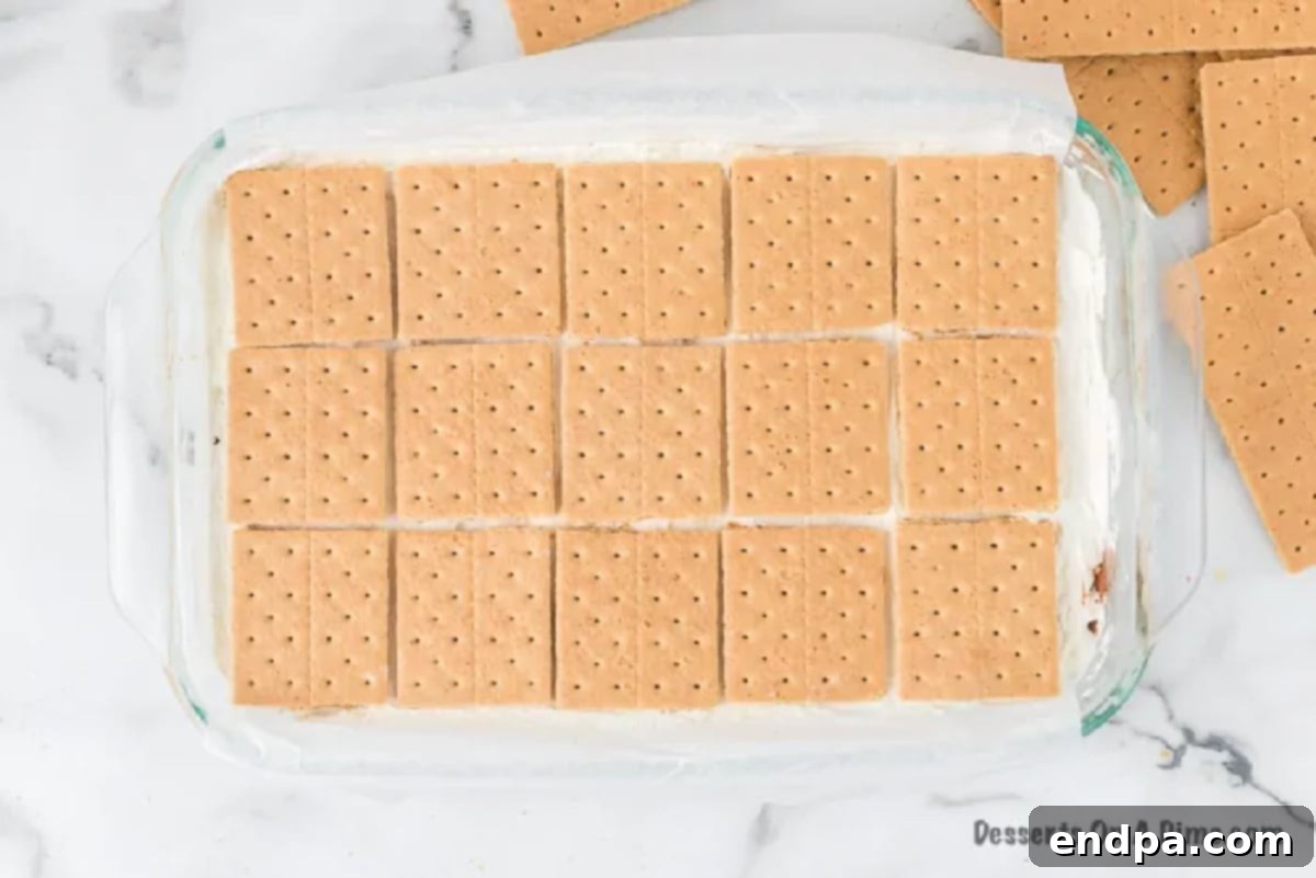 Smores Freeze 7 Graham crackers carefully placed on top of the frozen dessert layers, forming a grid.