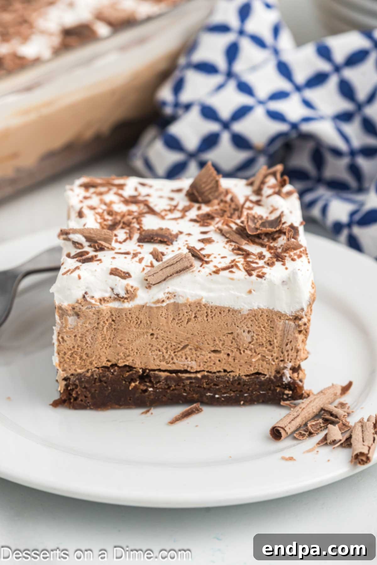 Decadent French Silk Brownies 2 Slice of French Silk Brownies on a plate, showcasing rich layers and elegant presentation.