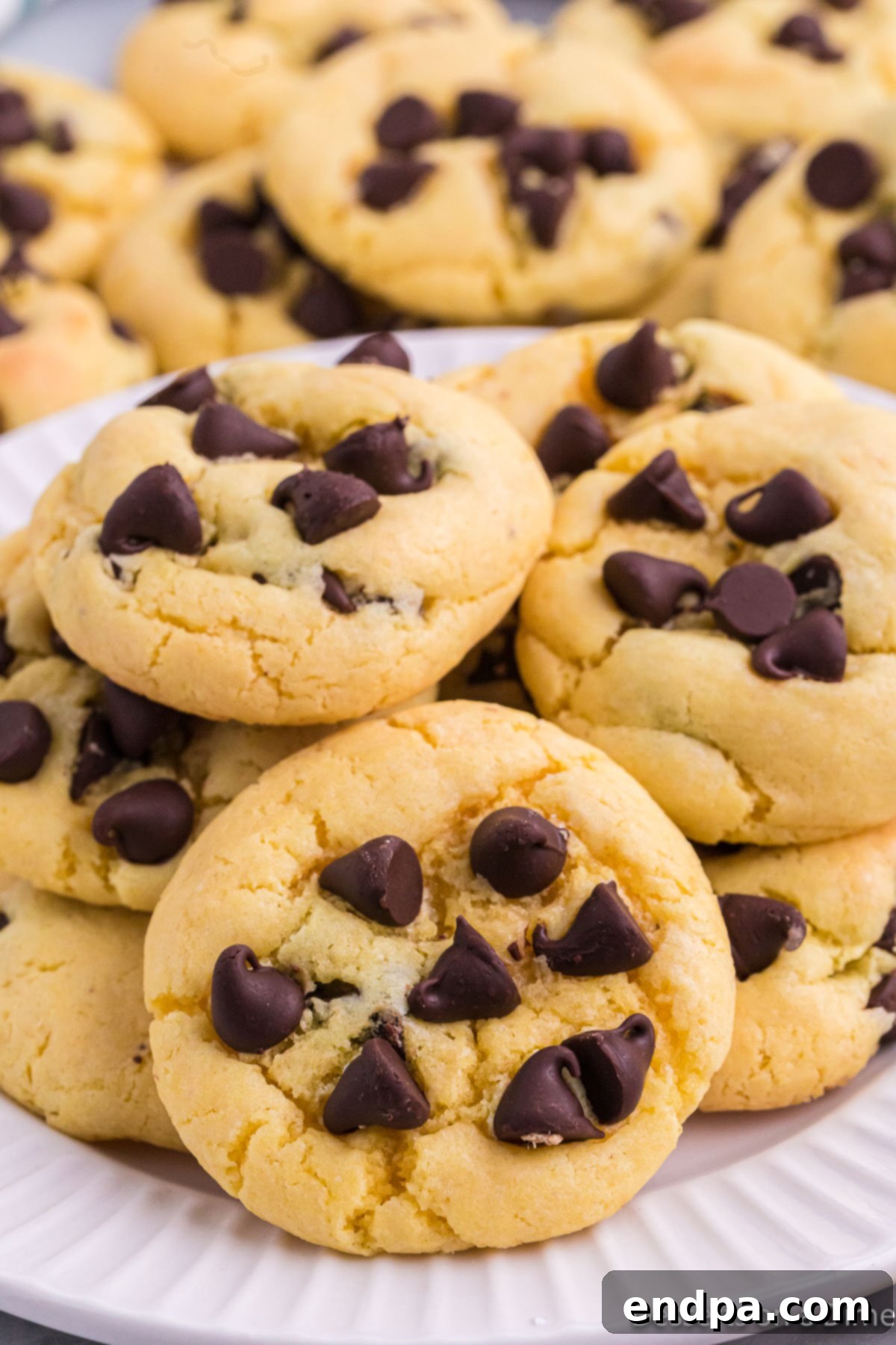 Irresistible Chocolate Chip Cake Mix Cookies 2 A platter brimming with freshly baked Chocolate Chip Cake Mix Cookies, golden brown with melted chocolate chips.