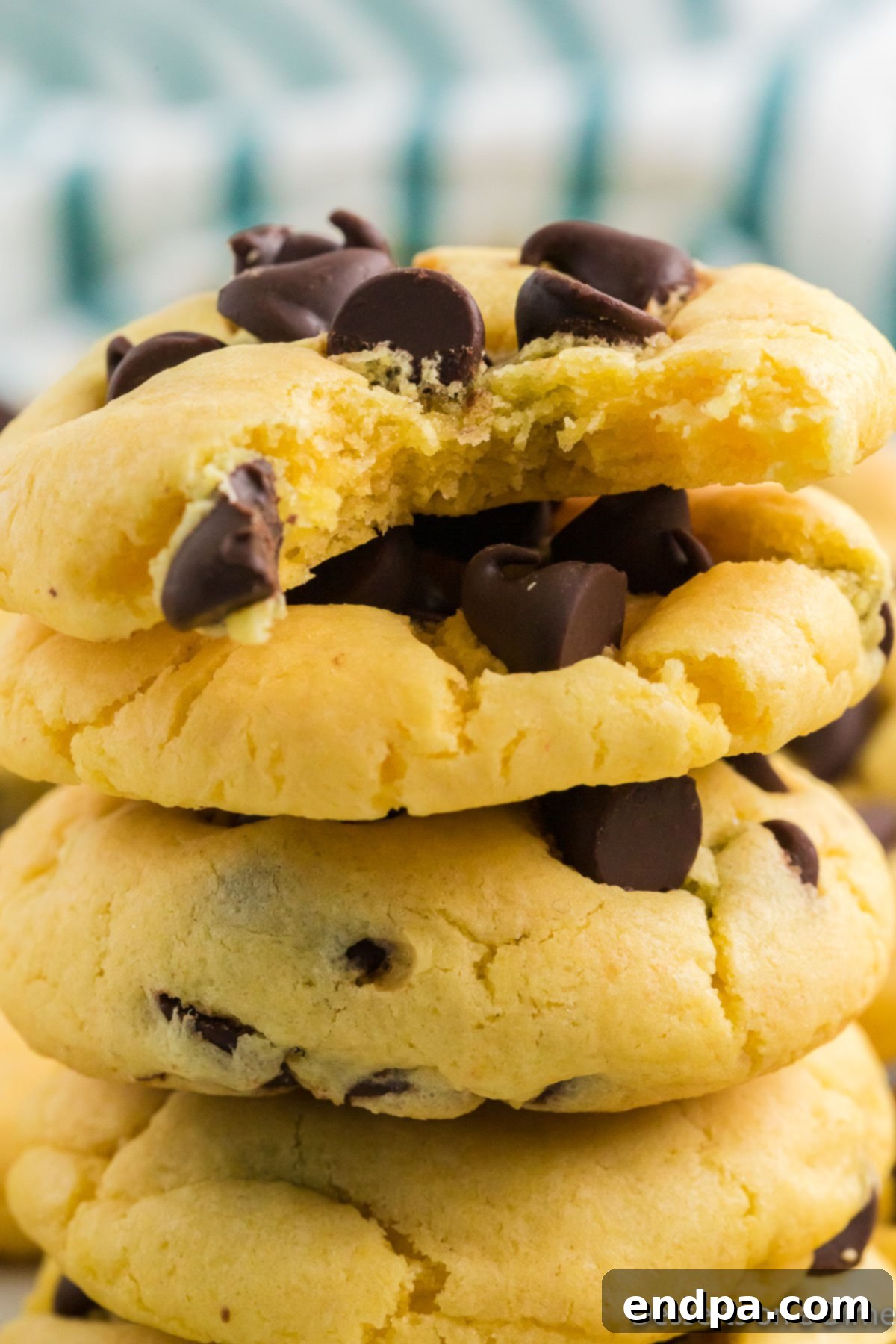 Irresistible Chocolate Chip Cake Mix Cookies 8 A stack of golden brown Chocolate Chip Cake Mix Cookies, showcasing their soft, chewy texture and abundant chocolate chips.