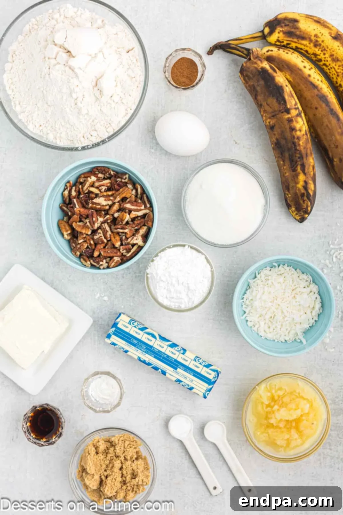 Ingredients for Hummingbird bread - bananas, butter, brown sugar, vanilla, flour, baking soda, crushed pineapple, shredded coconut.
