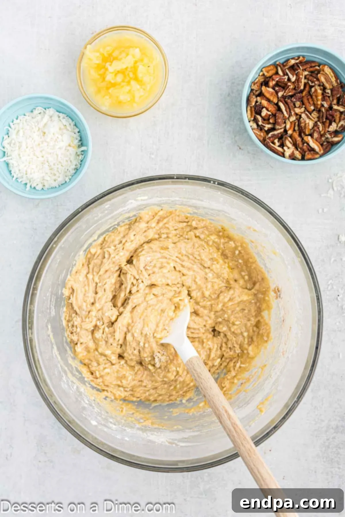 Flour and dry ingredients mixed into banana mixture.