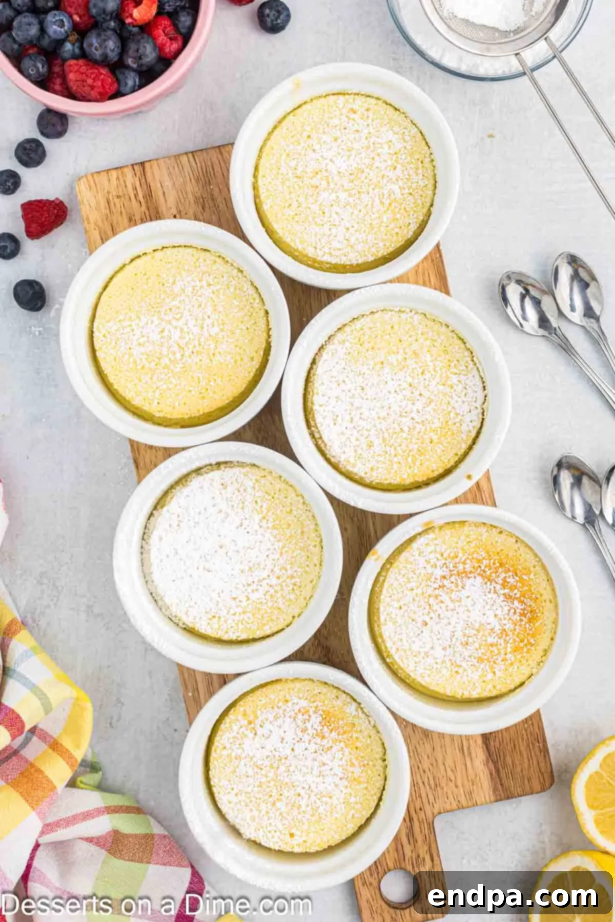 Freshly baked lemon pudding cake dusted with powdered sugar, ready to serve.