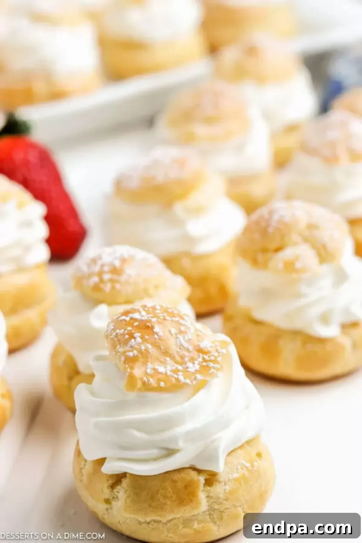 Learn how to make cream puffs at home that are bakery quality but so easy. They are so light and fluffy with the most decadent filling. Cream Puff Pastries on a plate with whole strawberries on the side, elegantly dusted with powdered sugar.