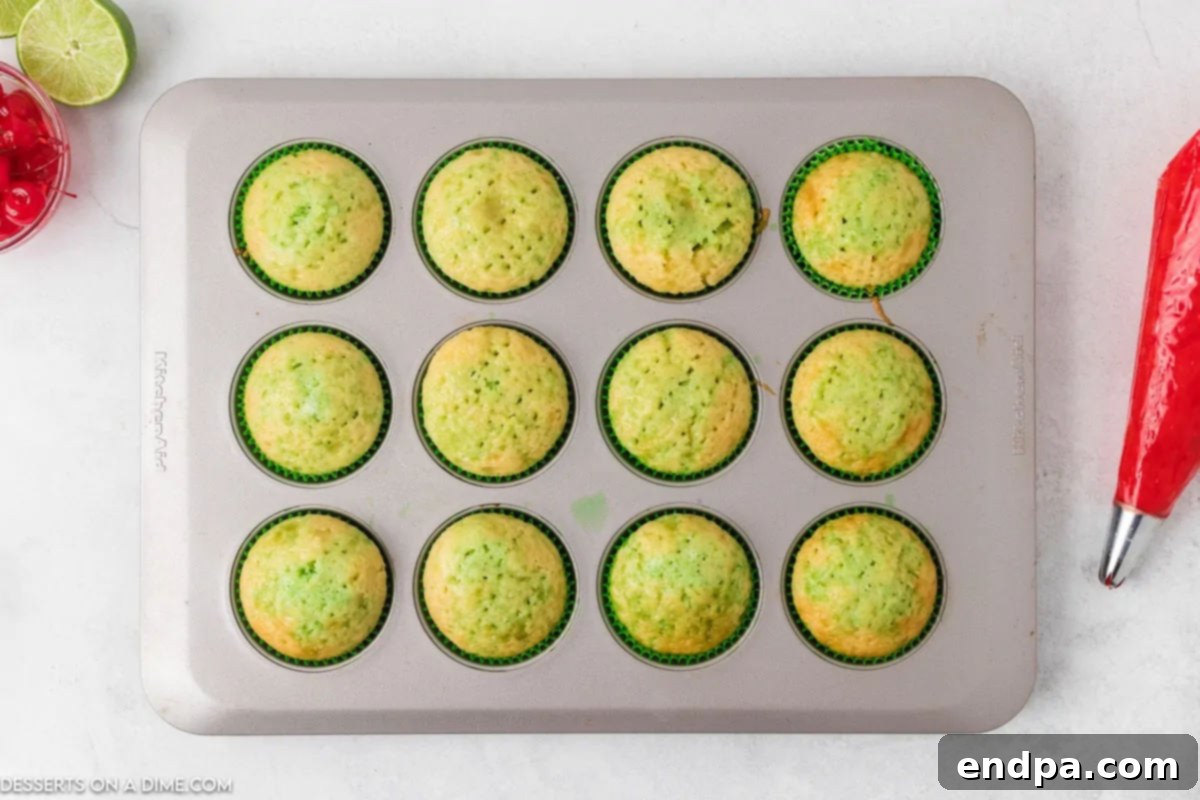 Zingy Cherry Limeade Cupcakes 10 Chilled, jello-infused cupcakes removed from the refrigerator, their tops firm and ready for the next step of frosting.
