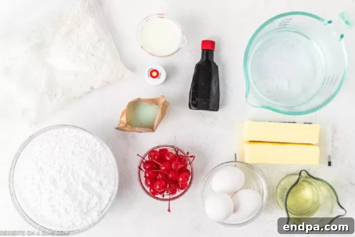 Key ingredients laid out for making delicious and vibrant Cherry Limeade Cupcakes at home. A flat lay photograph showcasing all the primary ingredients needed to bake Cherry Limeade Cupcakes: a white cake mix box, a small box of lime jello mix, a stick of softened unsalted butter, a bowl overflowing with powdered sugar, a small carton of heavy whipping cream, a bottle of cherry extract, and a tube of concentrated red food coloring.