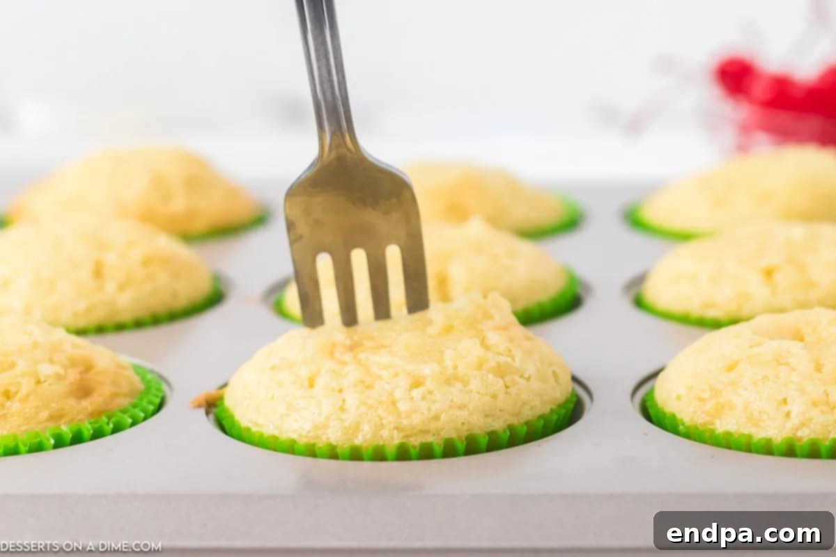 Zingy Cherry Limeade Cupcakes 4 Baked cupcakes with small holes strategically poked into their tops using a fork, ready to absorb the liquid jello mixture.