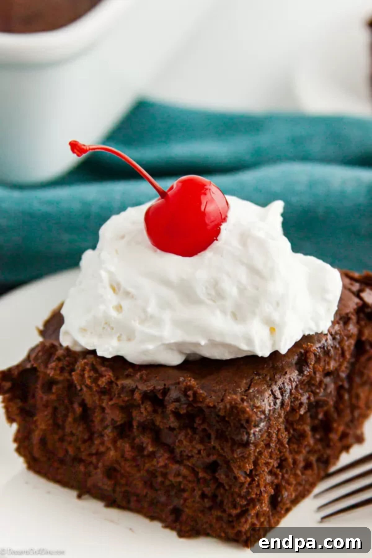 Chocolate Cherry Cake Recipe only calls for 4 simple ingredients making it super easy to enjoy dessert any day of the week. Try this chocolate cherry cake. A generous slice of Chocolate Cherry Cake, elegantly topped with fluffy whipped cream and a bright red cherry, presented on a pristine white plate, inviting dessert lovers to indulge in its rich flavor.