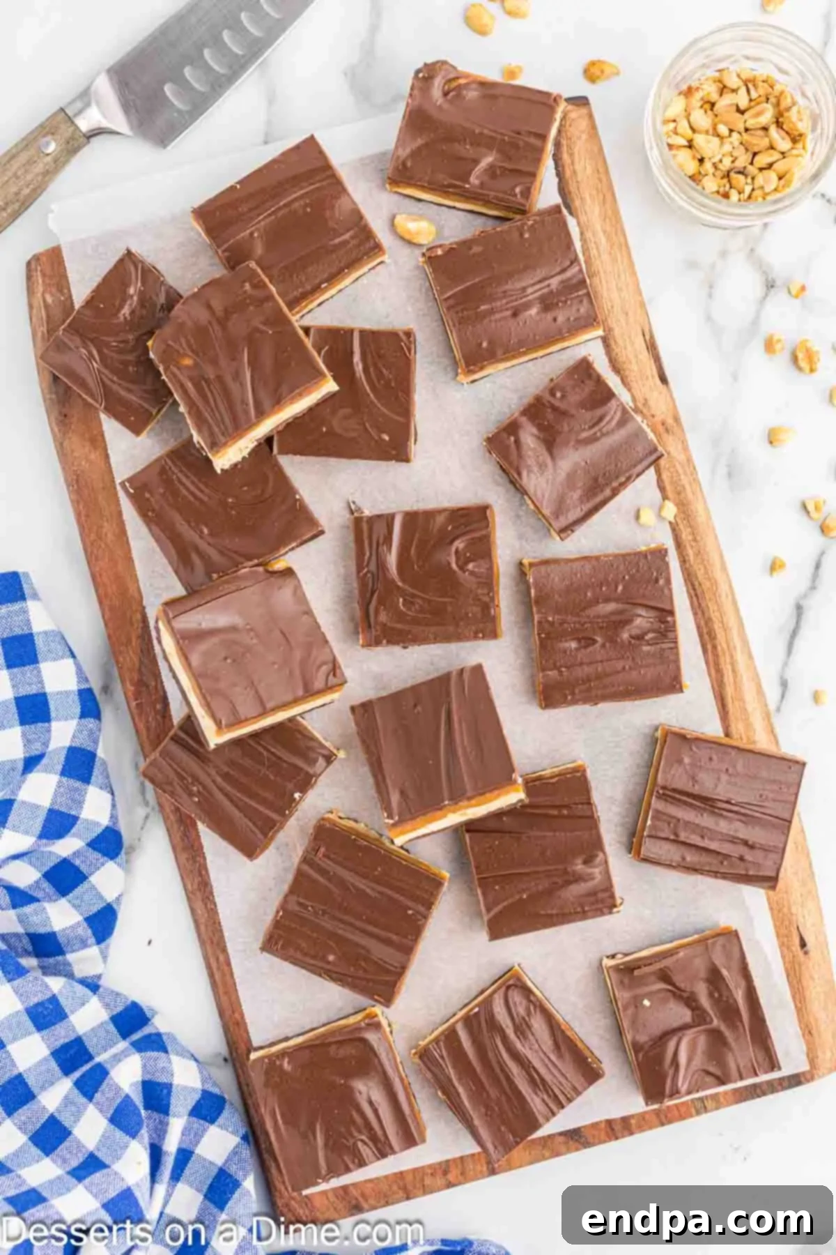 Snickers Bars on serving tray.