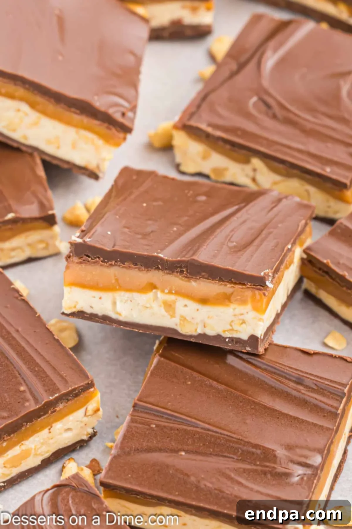 Squares of Homemade Snickers ready to serve.