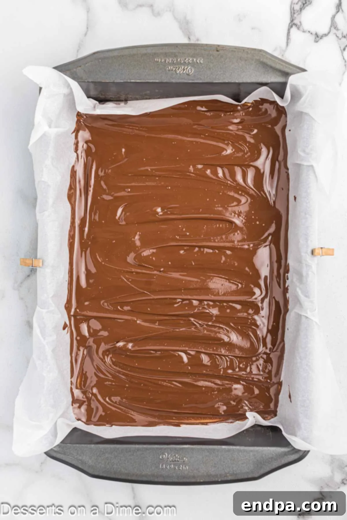 Chocolate layer in baking dish.