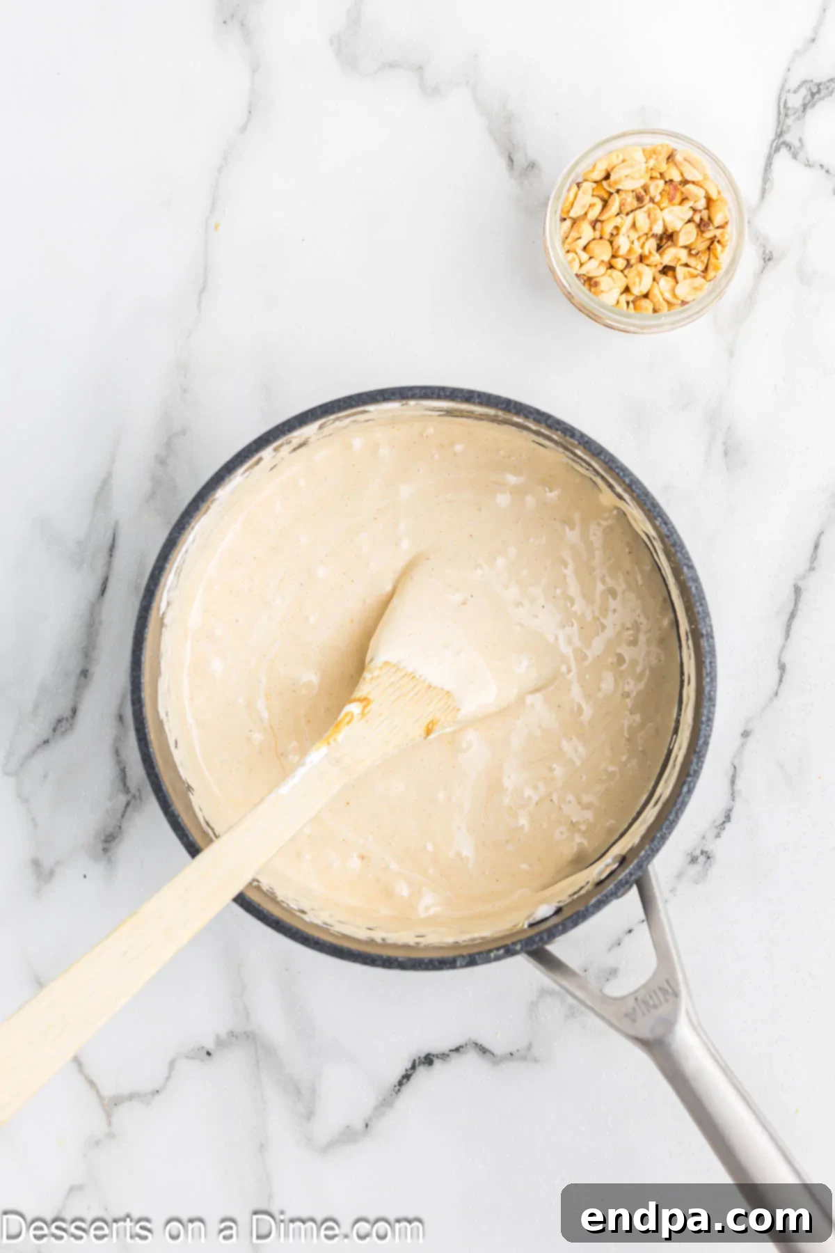 Nougat mixture in saucepan.