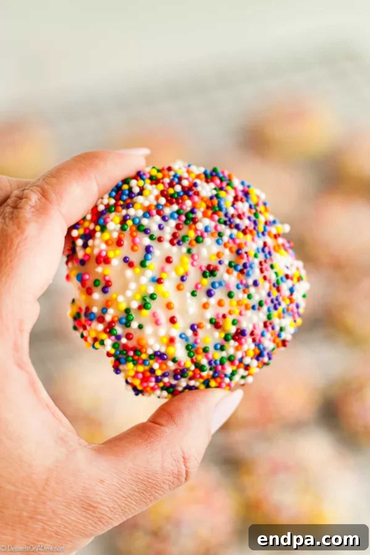 A close-up shot of a hand holding a single homemade Italian cookie, showcasing its perfect glaze and colorful sprinkles against a blurred background of more cookies.