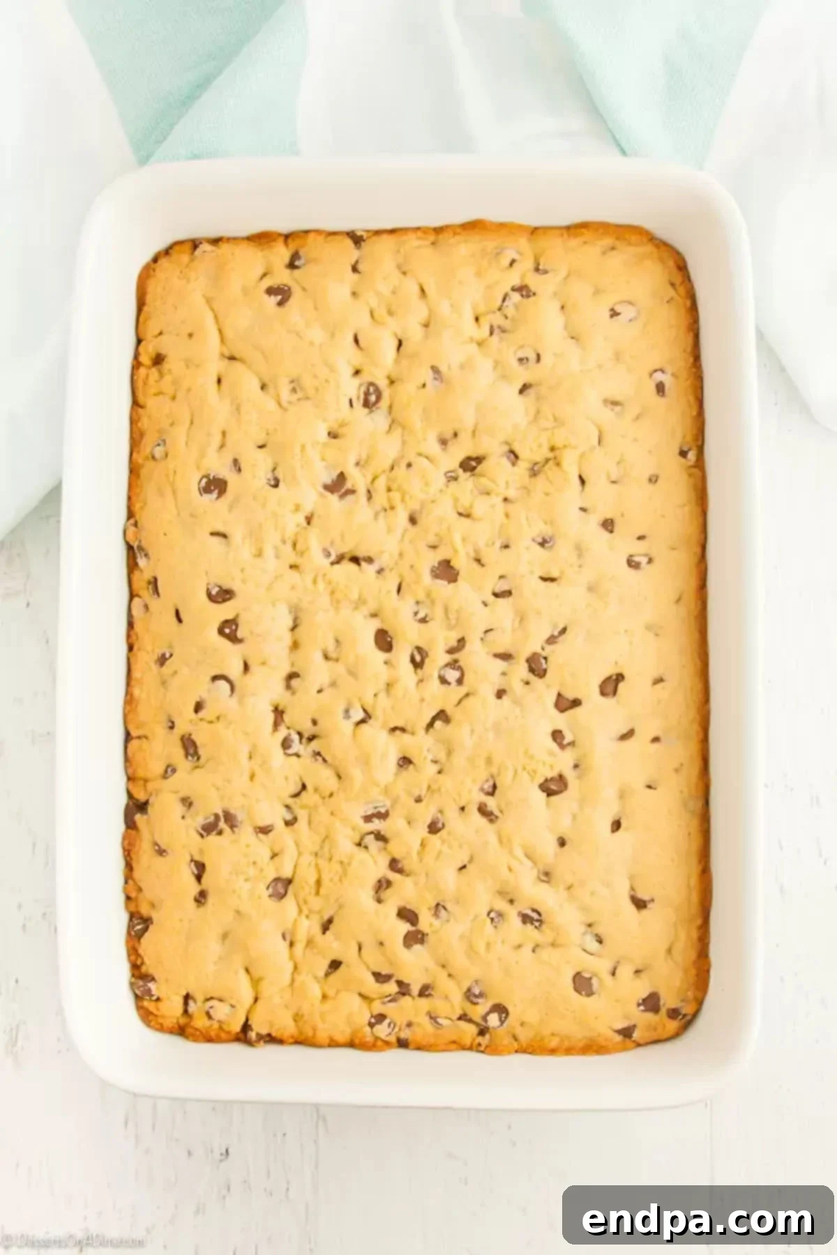 A freshly baked chocolate chip cookie cake cooling in the 9x13 inch pan, with a golden brown top and slightly crispy edges.