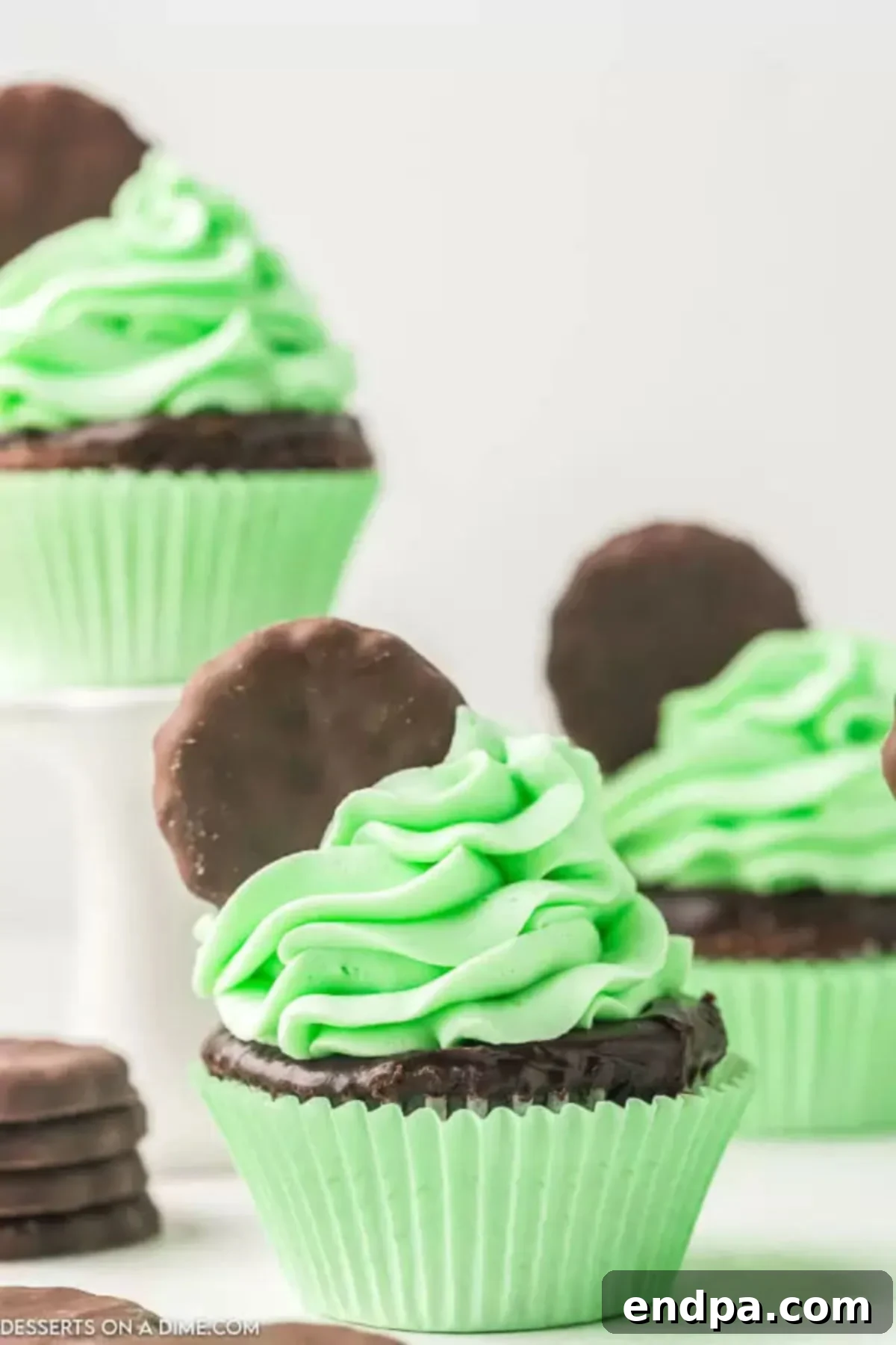 An array of finished Thin Mint Cupcakes, beautifully frosted with green mint icing and topped with Thin Mint cookies, ready for serving.