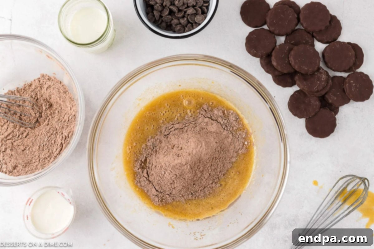Dry ingredients for the chocolate cupcakes, including flour, cocoa powder, baking soda, baking powder, and salt, being mixed in a separate bowl.