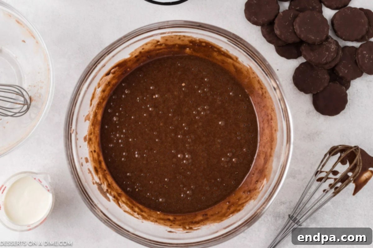 The chocolate cupcake batter is fully combined and ready for baking, showing a rich, smooth consistency.
