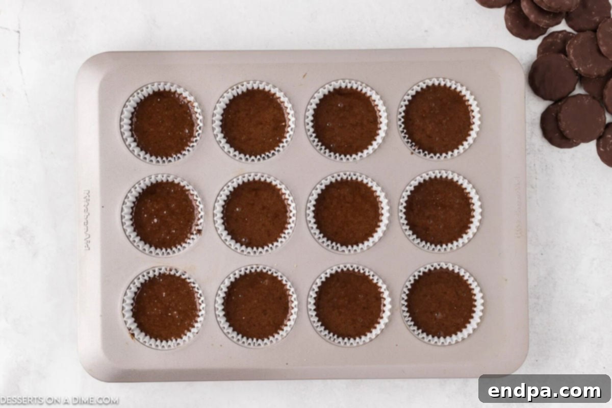 Cupcake batter neatly scooped into muffin tins with paper liners, ready for the oven.