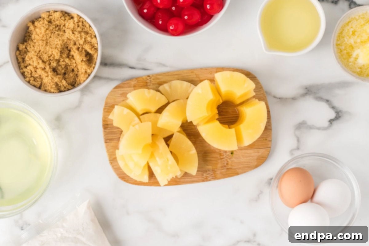 Pineapple rings cut into pieces.