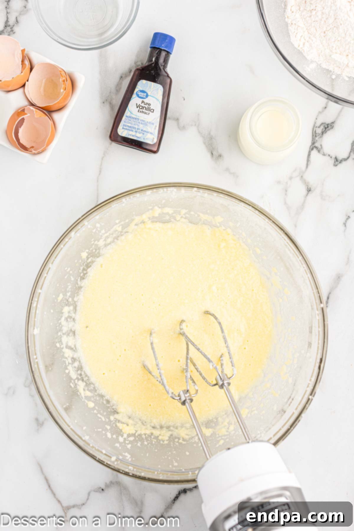 Butter and sugar creamed in mixing bowl.